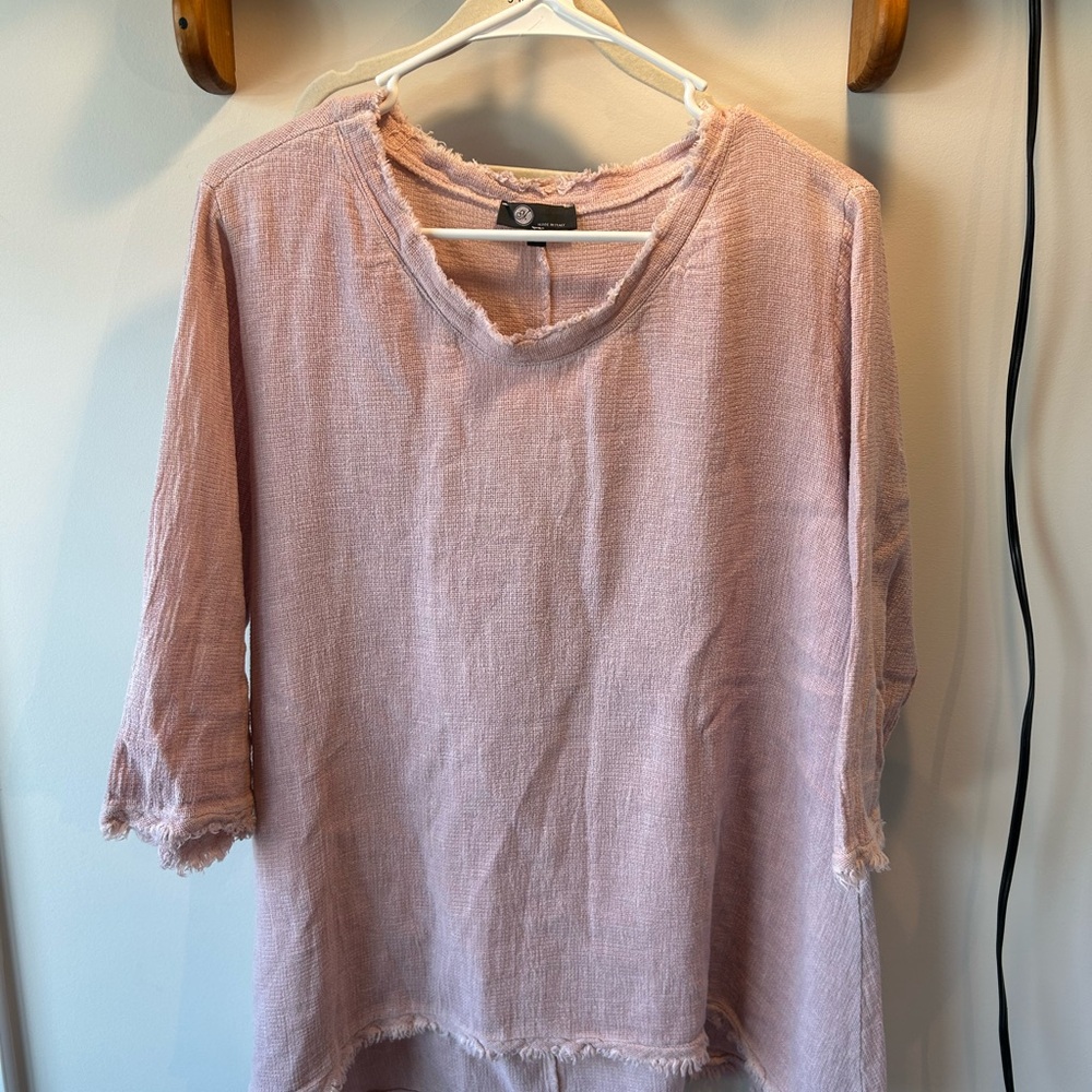 Pink Frayed-Edge Women's Soft Linen and Cotton Sweater